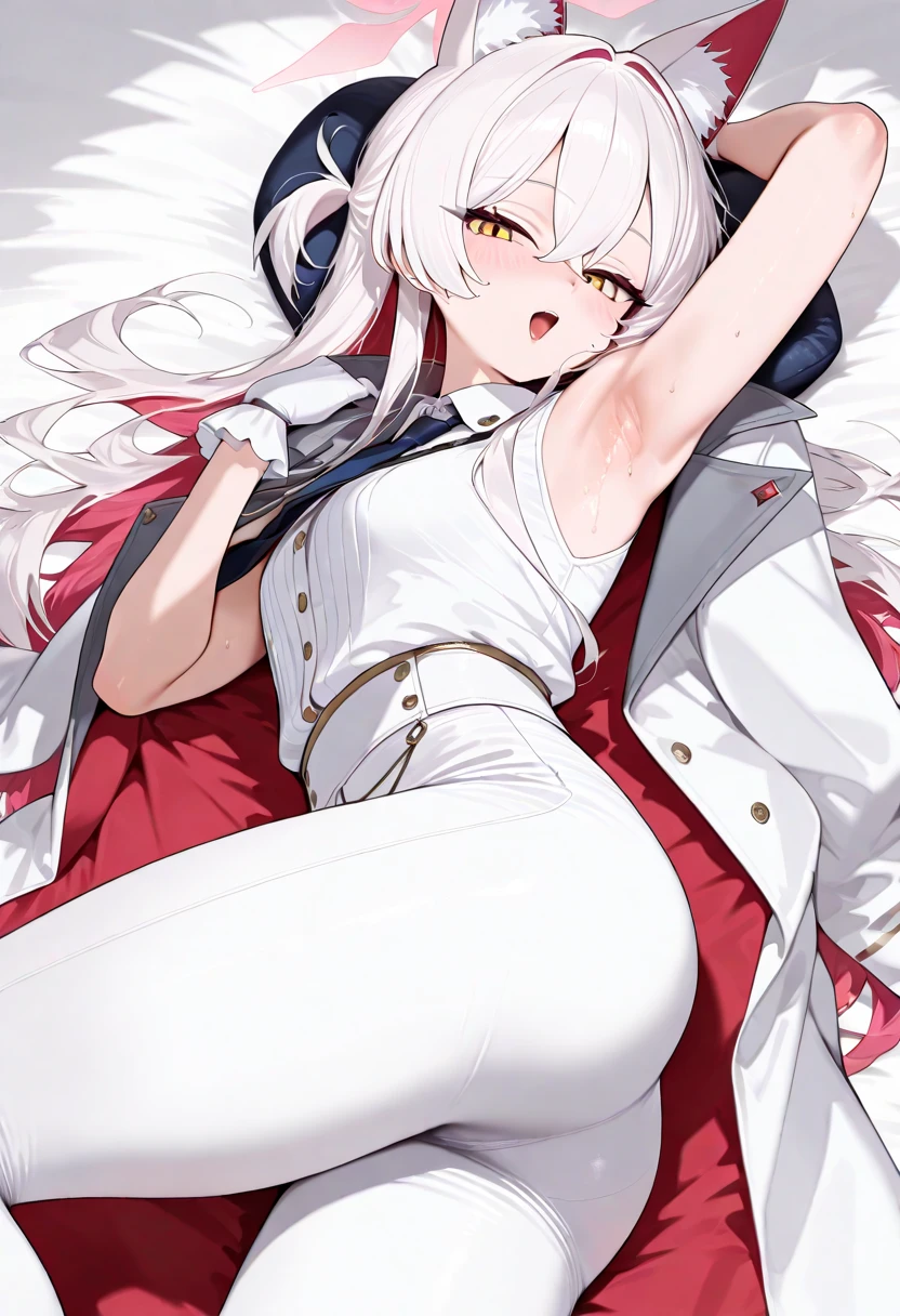 masterpiece, (Perfect Anatomy:1.5), highest quality, 1 lady , slender, leggy, small breasts, Seductive, (wear a white long sleeved shirt, tie, navy officer winter jacket:1.5), white bikini pantie , barefoot, Perfect hands, Perfect body, reclining, lying on a sofa, leg lift , looking away, ((Exquisite detail)), Very finely crafted fingers(((10 fingers))), (full body showcase), (Show your whole body), (no background), (No logo) , high resolution, parted lips, belly button , feet up, arms up, nsfw