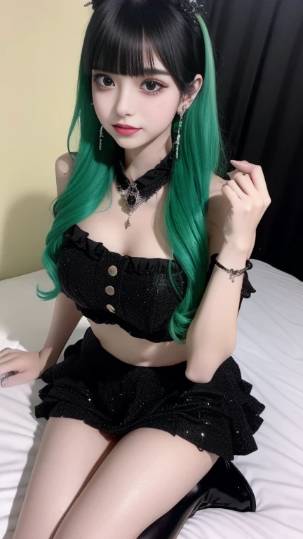 Black stockings, beautiful elegant face, detailed eyes, realistic hair, sexy pose, colored inner hair, short hair, messy hair, a mole under the left eye, high detail, UHD, 8k, high heels, tattoo on right arm, green hair.