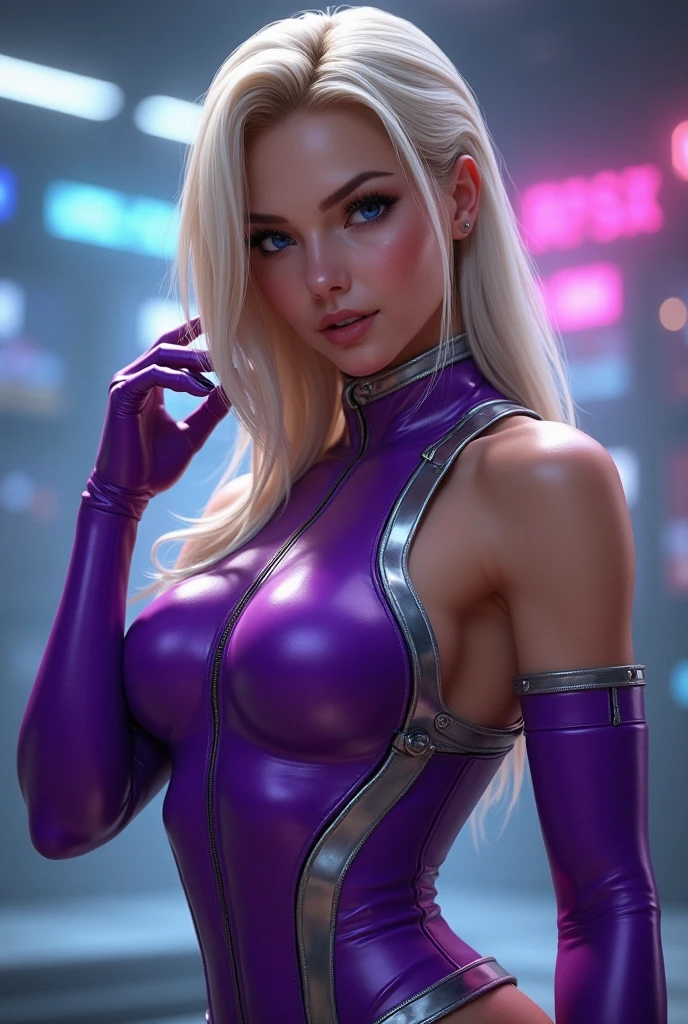 Gorgeous european woman with very short hair, short ponytail with fringe, wet hair, hair slicked back, combed straight back, slick hair, streaked blonde hair, seductive pose, sabrina carpenter as nina williams, torn ragged purple nina williams costume, cleavage, solid dark grey background