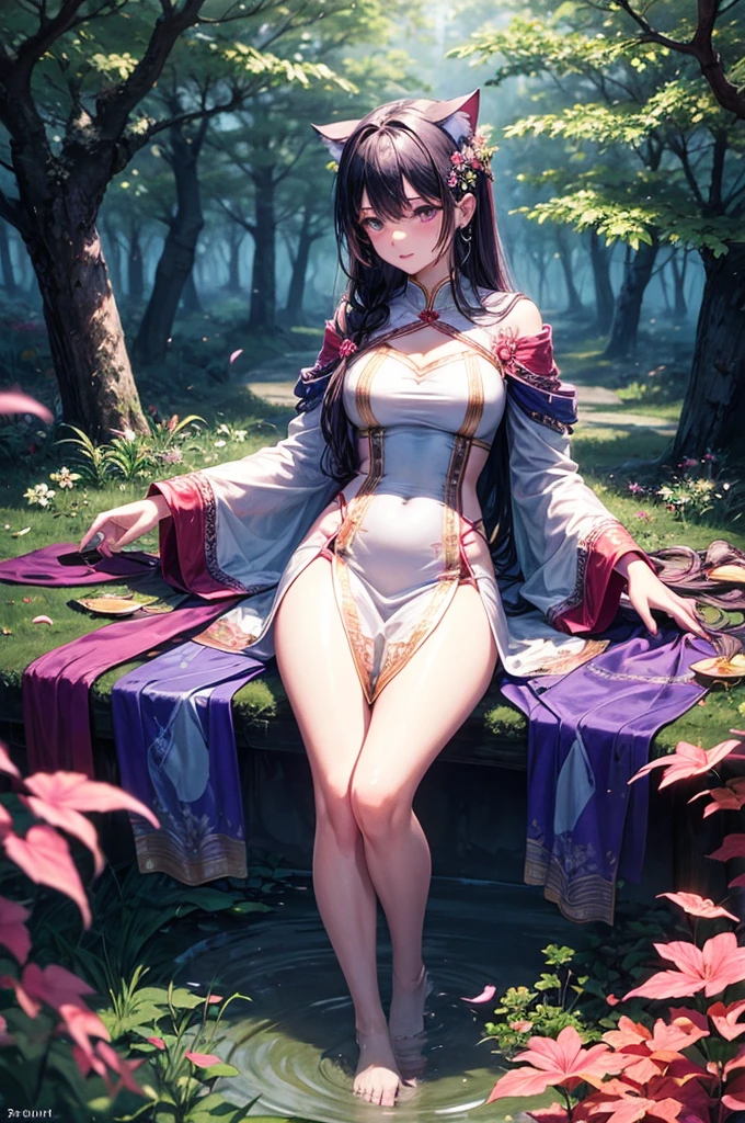 (best quality, 8k, 32k, masterpiece, UHD:1.2) 1girl, breasts, jewelry, purple_hair, dress, cleavage, solo, long_hair, hair_ornament, purple_dress, water, necklace, earrings, purple_eyes, looking_at_viewer, bracele, large_breasts, raiden_shogun, flower, hair_flower, waterfall, night, bangs, colors vivid and realistic, RAW photos, realistic photos, ultra-high quality 8k surreal photos, cool photos, (virtual lighting effects: 1.8), 10x pixels, magic effects (background): 1.8), super detailed, girl alone, wide original photo, 8k quality, super sharp, detailed and clear picture best