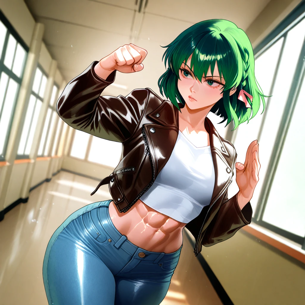 (((1 girl))), (Tatsumaki of a punch man), (short green hair), (green eyes), small chest, (((wearing bikini))), (full body view), (no motel room), (((muscular legs))), thin waist, abdominal muscles, big ass, black high-heeled shoes, (((grumpy))), (HDR), eye reflection, extended eyes, extended eyes, Moody, anime, minimalism, anime style, ray tracings, Cinematic Lighting, Cinematic Lighting, shine, glow, JPEG artifacts, bright light, god rays, ray tracings, drop shadow, panorama, Sony FE, from behind, Underneath, Underneath, UHD, master piece, precise, precise, anatomically correct, Super Detail, high quality, best quality, very high, 16k