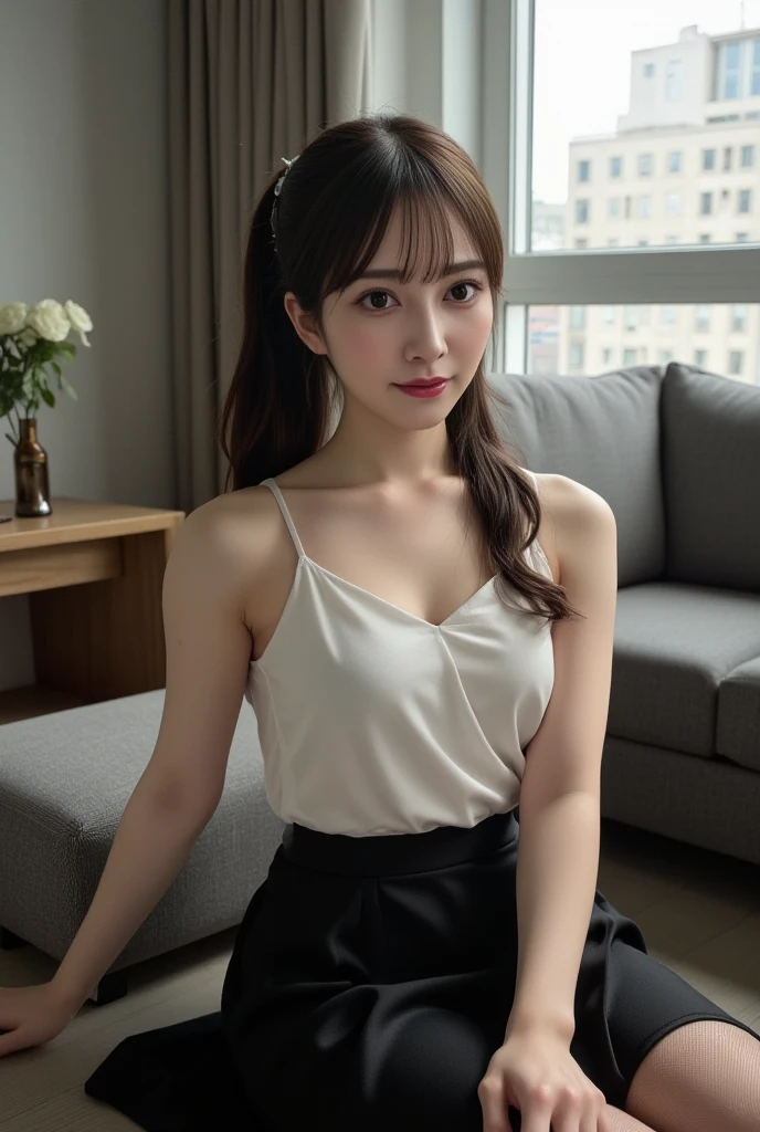 (Best Quality, masutepiece, Ultra HD: 1.3), 1womanl, （middlebreasts）, light brown hair, Blunt bangs, hair behind ear, hair over shoulder, （Long hair）,wetting hair,（ slender body shape）, （Ultra Fine Face）, Delicate lips,（beautidful eyes）, thin blush, The eyes are brown eyes, （Wet and shiny skin, flawless skin :1.3）,鎖骨, hide one's hands,（ Black tops, Black tight skirt, （Wet:1.5)),(a japanese girl,hposing Gravure Idol),(Posture with armpits wide open：1.3),Smile,,bustshot,（Broad-leaved forest:1.5）