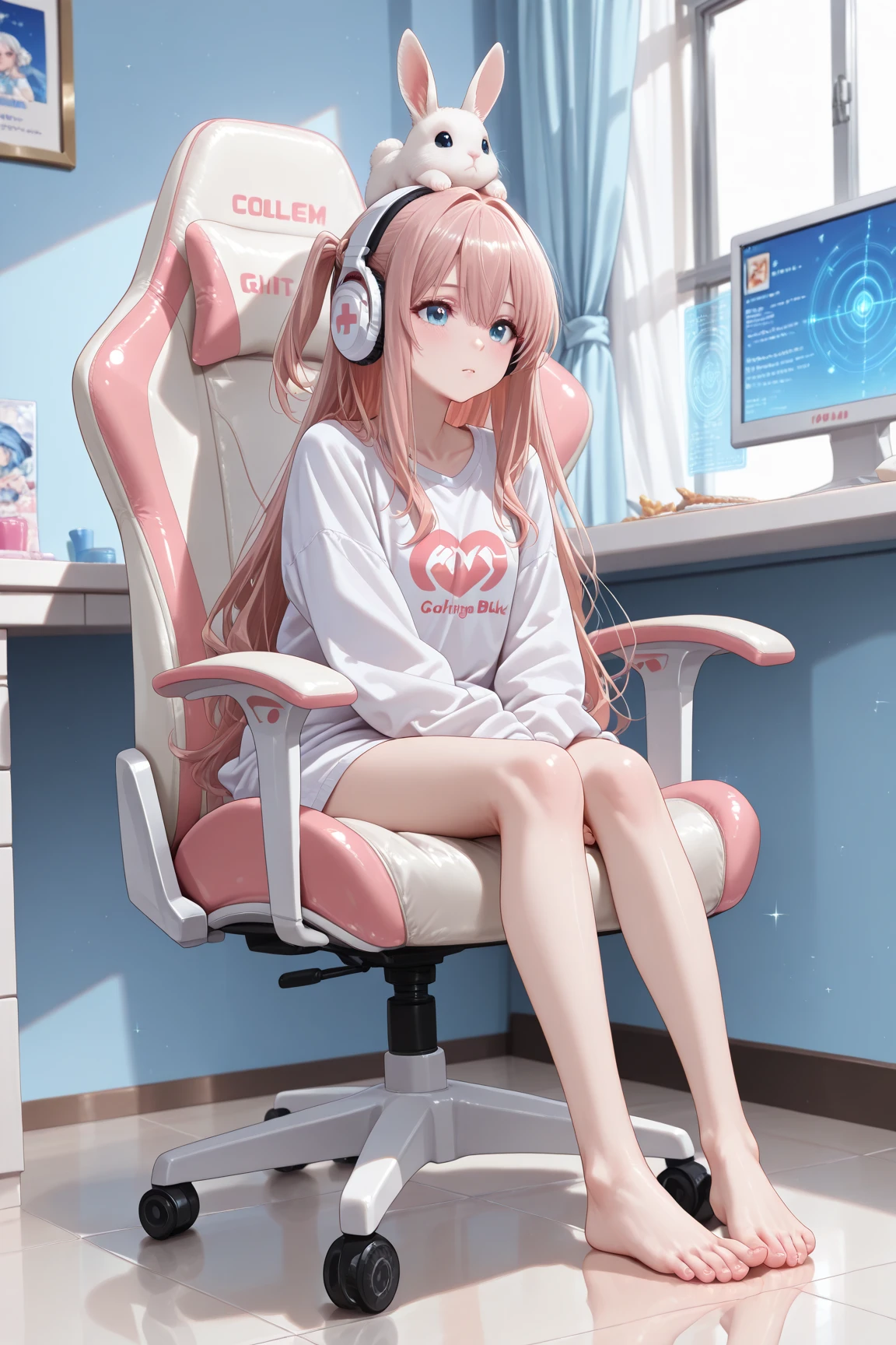 18yo Girl。Sit in a gaming chair。Hold your knees。Feet on the chair。Headphones on the head。Dewy and smooth skin。Nice looking feet