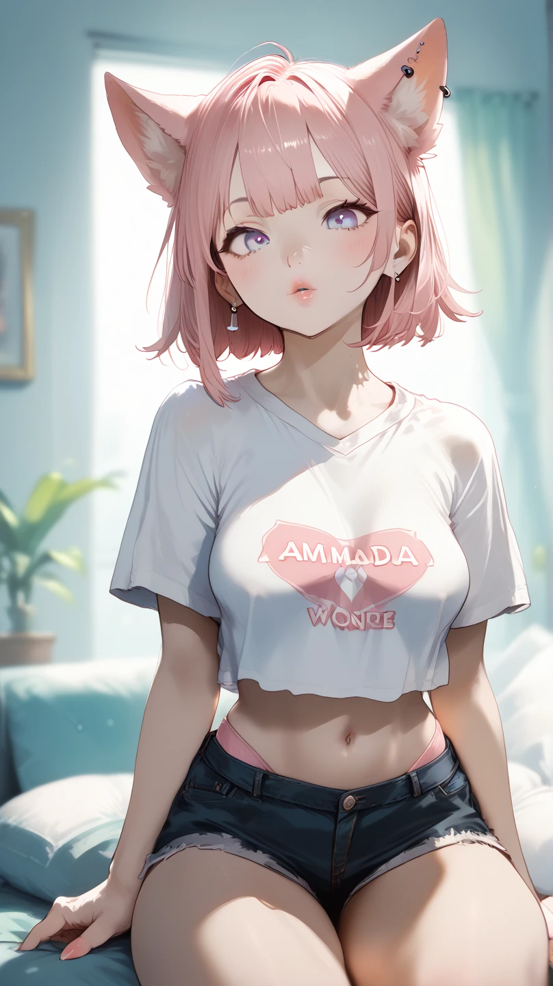 score_9, score_8_up, score_7_up,source_anime, high res image,masterpiece,best quality,girl,cute face,clear skin,white hair,short hair,pink eyes,t-shirt,inner_pink_hair,simple_background,vaginal,