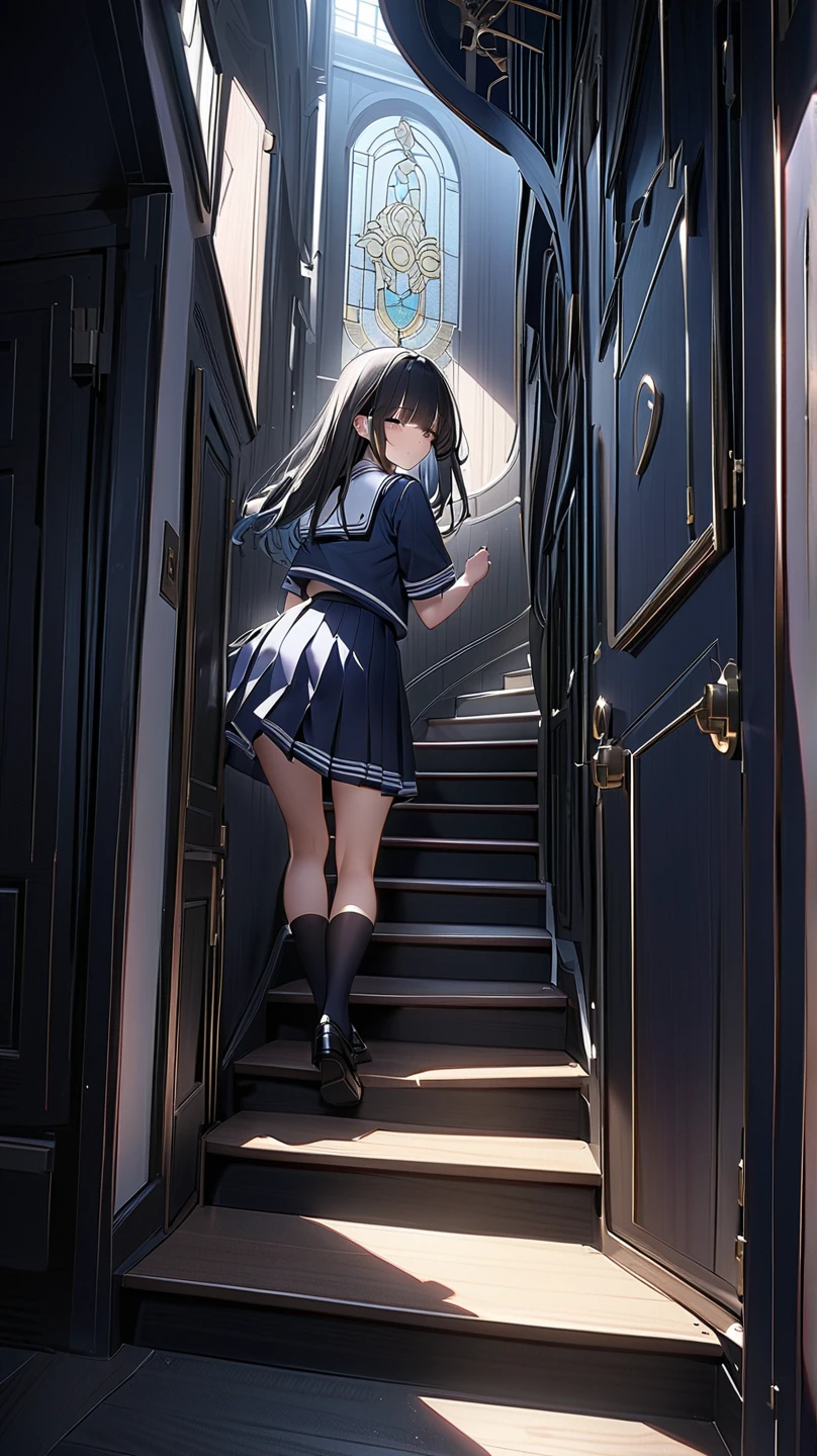 girl, , stairs, from below, from behind