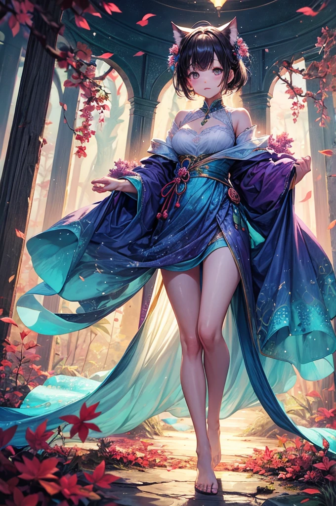 Girl, delicate facial makeup, flowing long hair, big thick legs + bare feet ((water toes + inverted image)), (PVC colorful long dress), (multi-colored long skirt), (multi-colored leg coat), from above, (zen entanglement, mandala, tangled, tangled, flowers) (ethereal and sacred), stained glass, radiant colors, intricate patterns, glowing light, timeless artistry, creative experimentation