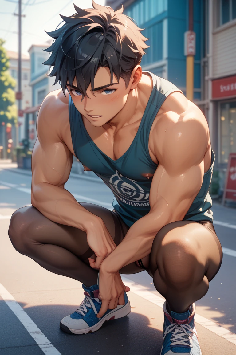 shirtless, super muscular, dripping with sweat, drenched with sweat, exhausted, panting, 22-year old short black hair handsome caucasian male wearing sweat -drenched white running shorts and sneakers, sitting on the bench, on the highway, on a hot day, shirtless