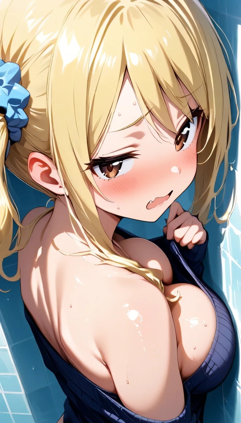 (masterpiece、highest quality:1.2), solo, One Girl, Cecilia Alcott, (Glowing Skin、Wet Skin:1.2), Completely naked , Completely naked, nude ,Nipples ,(Huge breasts:1.0), (Huge areola:1.0) ,smile , Looking up, Water Play, Drill Hair, Blue hair band,Blonde Hair,Blushed,