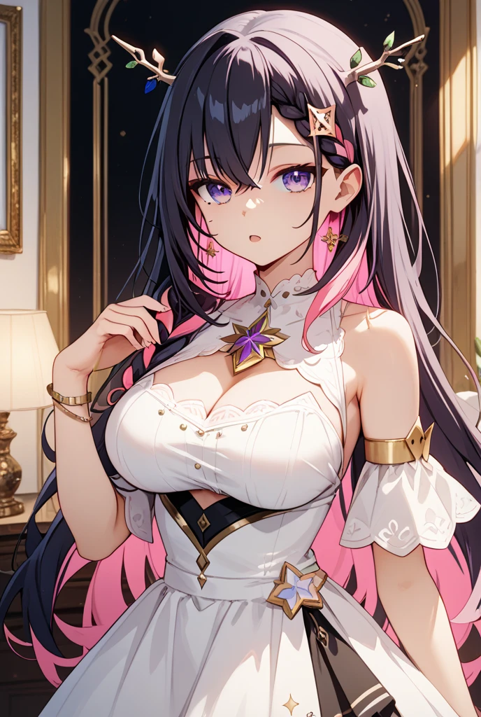 ((anime artstyle)),(Masterpiece),(Best Quality), (Super Detail),((Very Delicate and Beautiful)),Focus on character,Dynamic Angle,Looking at viewer,((Solo)),standing,((full body)),((one cute queen in gorgeous embroidery black and gold gorgeousfull BlingBling ball gown with voluminous skirt)),((BlingBling)),((arrogant)),((smirk)),(Purple eyes),Sharp eyes,detailed face and eyes,jewel-like eyes,(((Very Long voluminous black Hair))),Straight Hair,((Bangs between eyes)),((gorgeousfull embroidery and lace)),gorgeous corsage,See-through,Gorgeous jewelry ornaments,gorgeousfull BlingBling hair ornament,(gorgeousfull BlingBling tiara with jewels),ornate ruffles,((skindentation)),((gigantic breasts,Long breasts)),((full body)),(hoop skirt,crinoline),(((gorgeous embroidery and jeweled black and gold BlingBling gorgeousfull ball gown with voluminous skirt)))