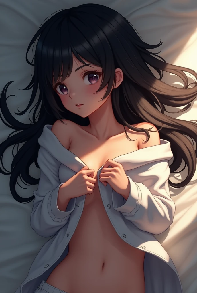 tan skinned anime woman wearing a cami top and jeans, famished in hunger, (necklace), (gently resting hands on stomach), (sweating), (lying down), (long hair), (hands on stomach)