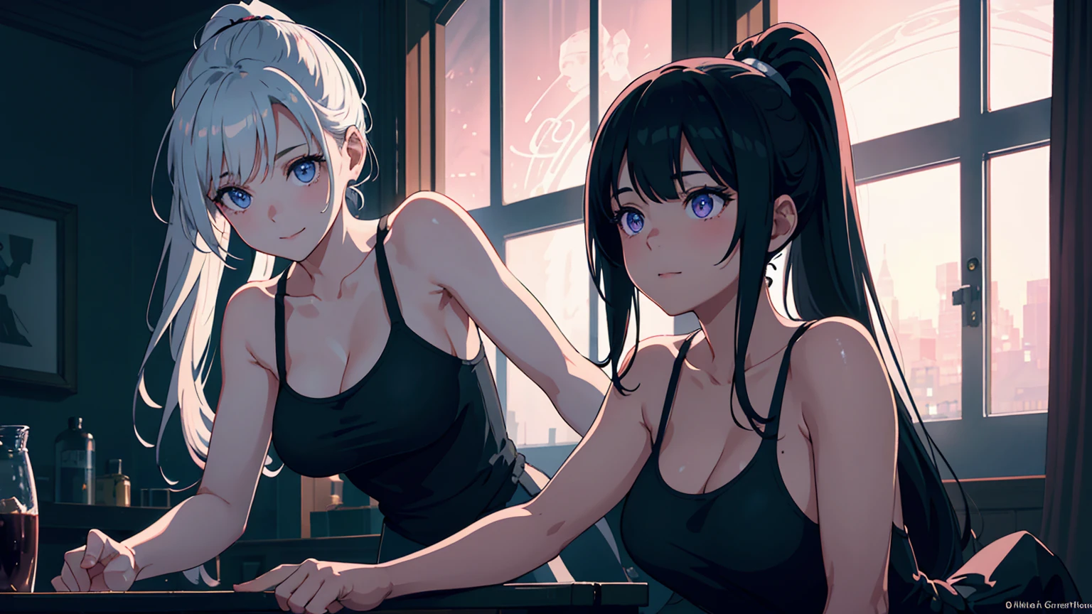 smile、Red cheeks、Official Art, masterpiece, Highest quality,Portrait of two girls、, JK,Tank top(silver, metallic, ) 8K,High resolution, ( flower_Styler:1.2)(headphone:1.2),(Excellent rendering, Stand out in the same class), (Amazing details, Excellent lighting, Wide-angle), Big Breasts(0.6), Absolute area, Detailed Background、Panty shot