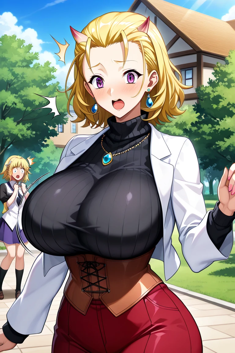 1girl, mature female, GILF, dragon horns, blonde hair, braided bun, french braid, oval glasses, smile, wrinkles under eyes, kind expression, gigantic breasts, simple dress, blue and white nightgown, cardigan, sitting on chair, dark room, low light, nighttime, bookshelf in background, 8k, masterpiece