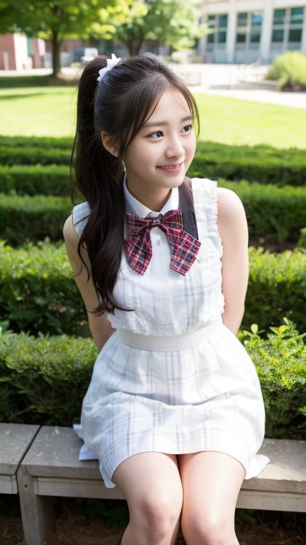 girl standing in school flower filled garden,long-sleeved and seemless white jumpsuit style unitard with long compression shorts and long leggings,red bow tie,hair bow,18-year-old,bangs,a little smiles,thighs,crotch,knees,ponytail,from below
