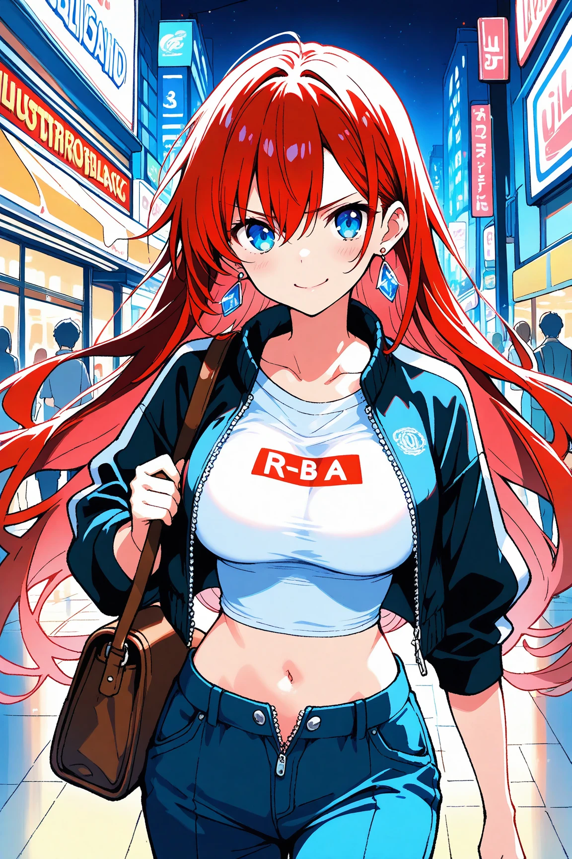 Best quality, high resolution, beautiful eyes, highly detailed face, detailed CG, anime style, saki mizuhara, 1 girl, orange hair, twin tails, long hair, (t-shirt, belly button exposed, blushing, city),(erect nipples visible through clothes:0.6), standing, with 1 person, stylish pose, stylish angle, looking at the viewer, in the center of the image, cowboy shot,