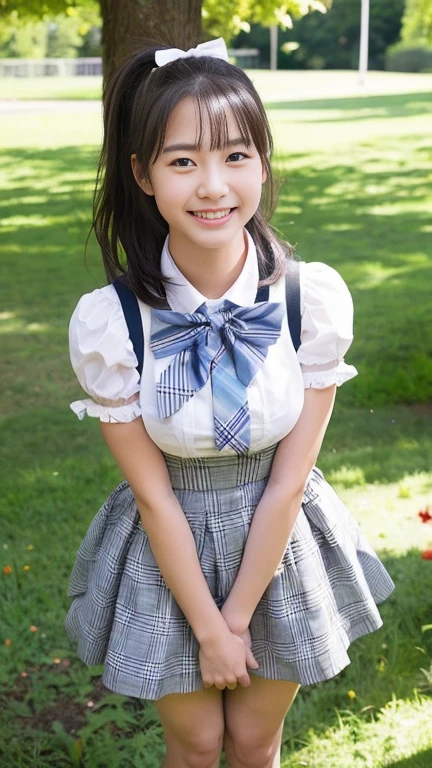 masterpiece, Highest quality, 8K, Young beautiful girl, Baby Face、Clothed Big Tits、((((((10 years old)))))),((Large Breasts:1.3)), photo shoot, Cute face,  Embarrassing、smile、 makeup, Ten generations, Detailed face, Long Hair、Black Hair、Narrow waist,((school uniform、White shirt、Checkered mini skirt))、Black knee-high socks,(((sagging long breasts)))