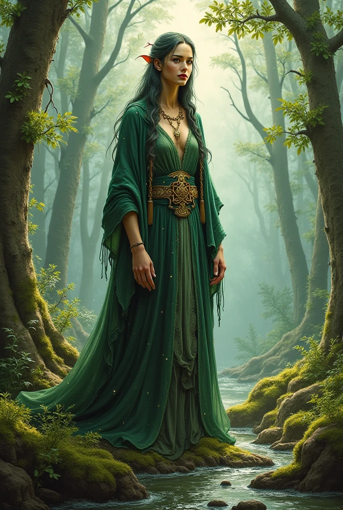 Create a dubgeons and dragons character image of a middle aged female elve mage with small lips, long black hair in a green robe made of leafs holding a wooden staff in a forest