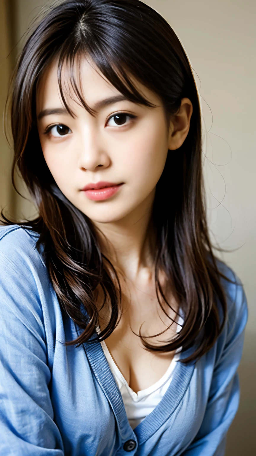 (((perfect anatomy))),((Ulzan 6500)),highest quality,very detailed,masterpiece,Super detailed,An inviting pose lying on your back with your knees together in a Japanese room,超High resolution,(realistic:1.4,8k),A beautiful 20-year-old newlywed wife who poses in a photo in a Japanese-style tatami room bathed in the dazzling morning sun, with her chin tucked in and her knees together, lying on her back and resting on her elbows.,The slim, muscular, big hips are irresistible.,((Perfectly sized V-neck mini T-shirt and jeans mini skirt are the best match)),The most adorable smile with raised eyebrows and corners of the mouth,Proud chestnut sauvage hair,High nose and deep chiseled face,Elegant appearance,Dynamic full-body portrait from the ceiling,magic lighting,Bright colors,Melting deep depth of field background using Hasselblad,(highest quality,4k,8k,High resolution,masterpiece:1.2),(realistic,realistic:1.37),I can see her cleavage、