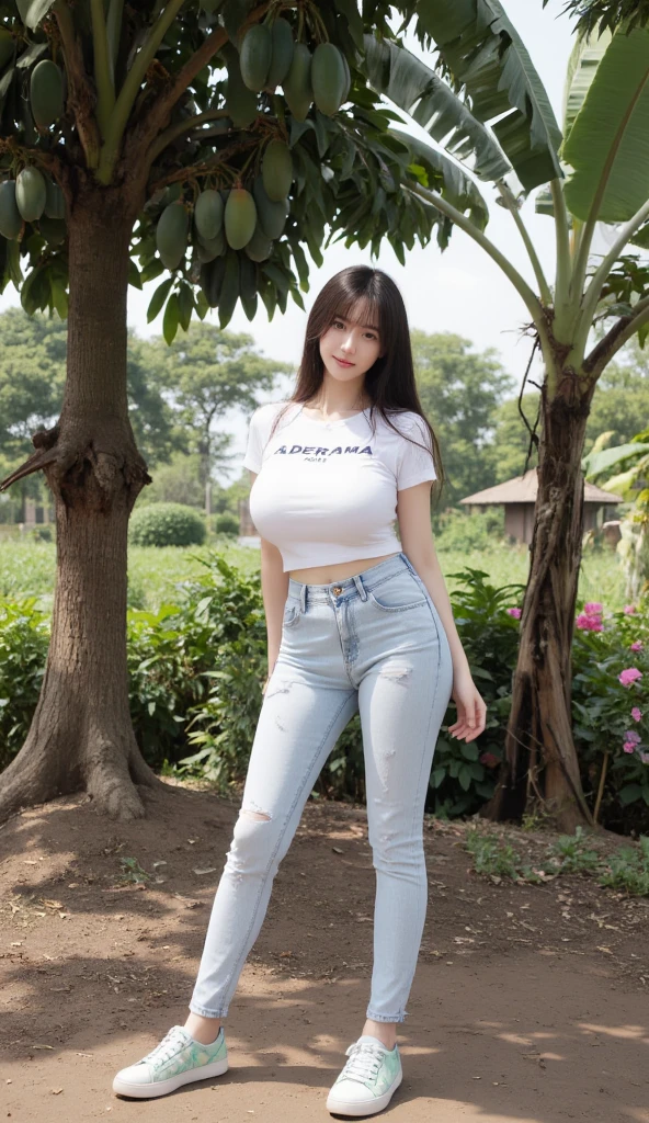 ((Best Quality, 8K, Masterpiece: 1.3)), A beautiful girl, pure, melon face, gentle and cute, thin figure, facing (right), (head to right), lips closed, T-shirt, wide-leg jeans, long hair shawl, black silky long hair, round black big eyes, clear big eyes, moist red lips, sweet, sitting, blue sky and white clouds, sunlight, flower background,