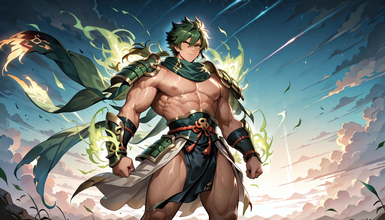 (((intricate design))) (((top quality))) (((16K))) (((High Definition))) 16K splash art (((photorealistic))) high-res, ultra sharp, ((masterpiece)), the best quality, expressive eyes, perfect face, (((druid outfit))) Super eyes, perfectly detailed anatomy (((Volumetric lighting))) (((natural lights))) (((sunny))) (((1Male))) (((Bodybuilder))), (((muscular))), (((hyper pecs))) there is a sexy mature man with green paint on his body, slick shaved sides hairstyle, ((thighs)) bodily fluids, round butt, green coloured skin, green skin! (((green coloured skin!!))), (((green skin))). (((green-skinned))), (((elegant robes))) ((green skin with scales)), ((green skin)), windy, (((in a Ancient Stadium of Olympia))), (((greenish skin))) plantation on the male body, fluorescent green skin, radiant orange eyes, windy, leaves falling (((a powerful nature deity))), elf ears, druid magic, cell-shaded adult animation, green gem necklace, hot reptile muscular humanoid man, muscular green body. Hazel eyes, glowing veins, nature spirit, long sash, transparent legs (((from below))), orbstaff