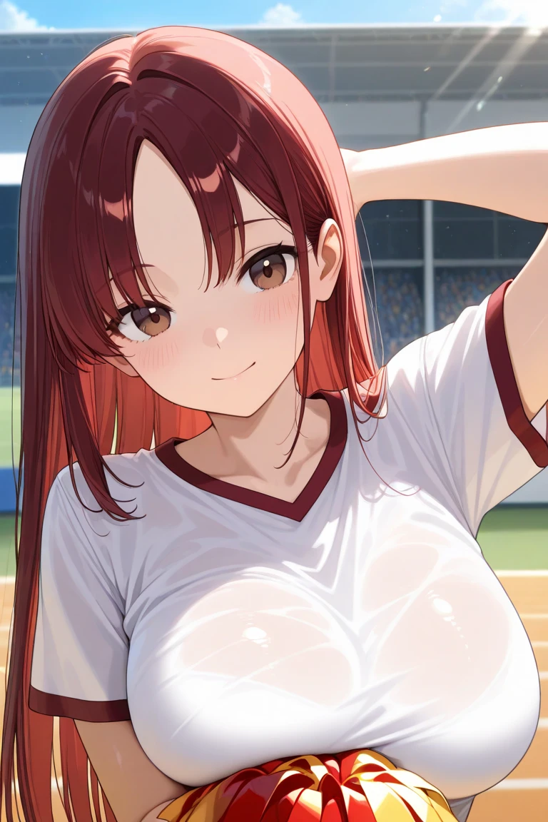 mastute piece,Best Quality,insanely detailed,8k cg,nsfw,
(shoot upper body:1.3),
(1girls:1.3),standing,looking at viewr,body in front,both arms behind back,(soccer uniform:1.3),(bare breasts:1.1),(bare nipples:1.1),
break,
blush,shy,(ecstasy face),(trembling:1.2),break,(light red hair:1.2),
break,
perfect breasts,perfect teats,(open mouth:0.9),(large breasts:1.2),
(soccer field),