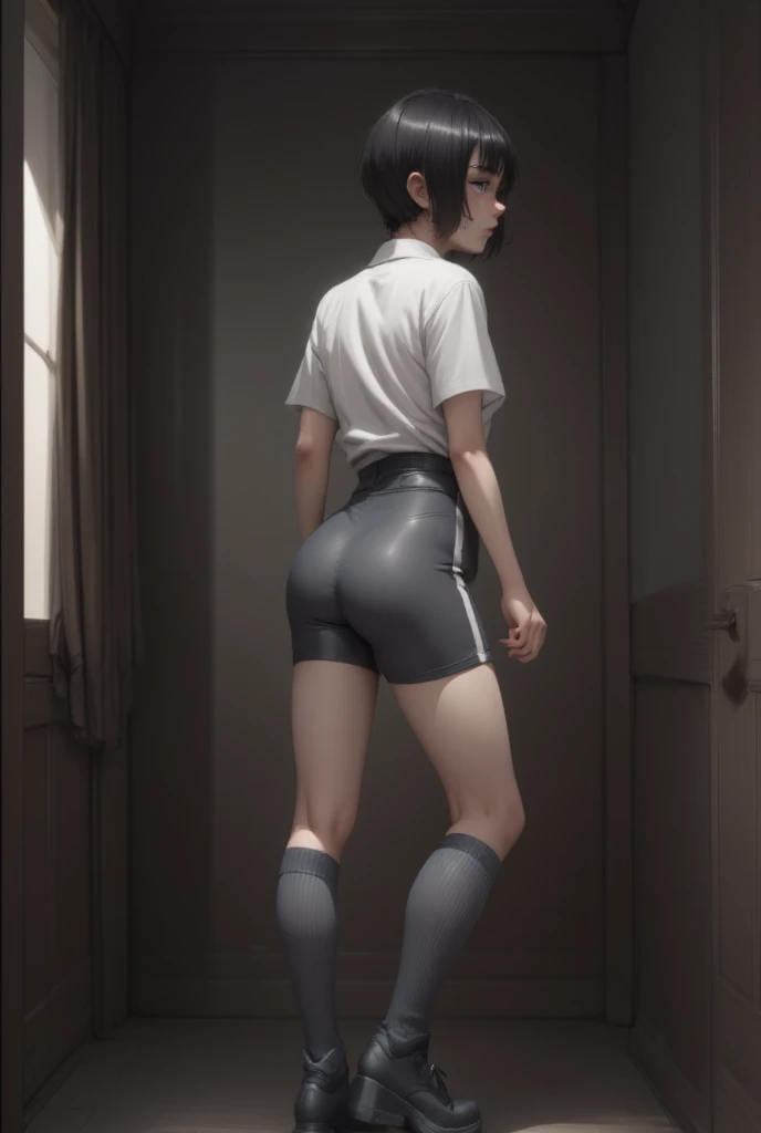 High quality, 8K Ultra HD, A ager boy in a dark room, wears a white fitted formal shirt, grey tight short shorts school, grey school knee socks and black formal shoes, has short black hair, fine face, blue eyes, slim body and perfect big ass, turns his back showing his butt, is alone in the dark room, wears an erotic and mischievous smile, Sharp lines, monochrome background, sharp focus, double exposure, by yukisakura, stunning full color.