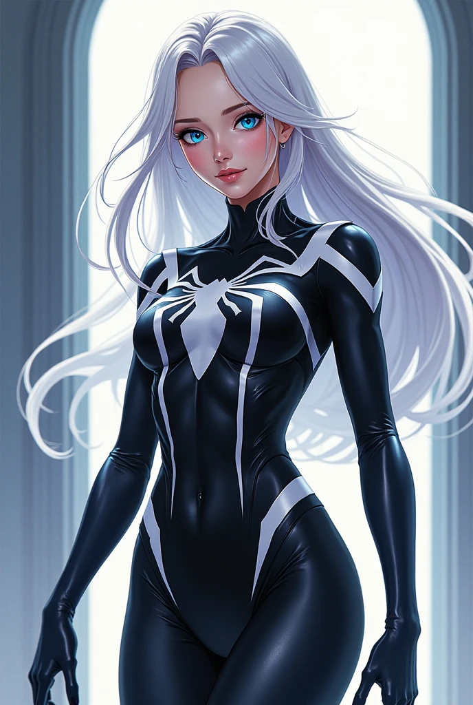 (Masterpiece, 4K resolution, ultra-realistic, highly detailed), (White costume superhero theme, charismatic, girl on top of the city, wearing white Spider-Man costume, superheroine), [((23 years old), (long white hair:1.2), full-body, (blue eyes:1.2), (Spider-Man dynamic poses) ((gritty urban environment):0.8)| (urban landscape, nighttime, dynamic lights), (full moon))]