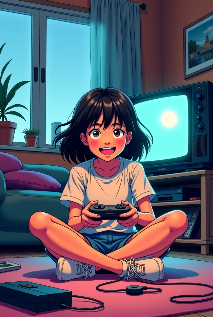 Create an anime-style scene set in a cozy room with a retro gaming console from the 90s. The room should have vintage posters, a CRT TV with pixelated games, and a character playing with a nostalgic smile. The lighting should be warm, with vibrant details and a nostalgic vibe.