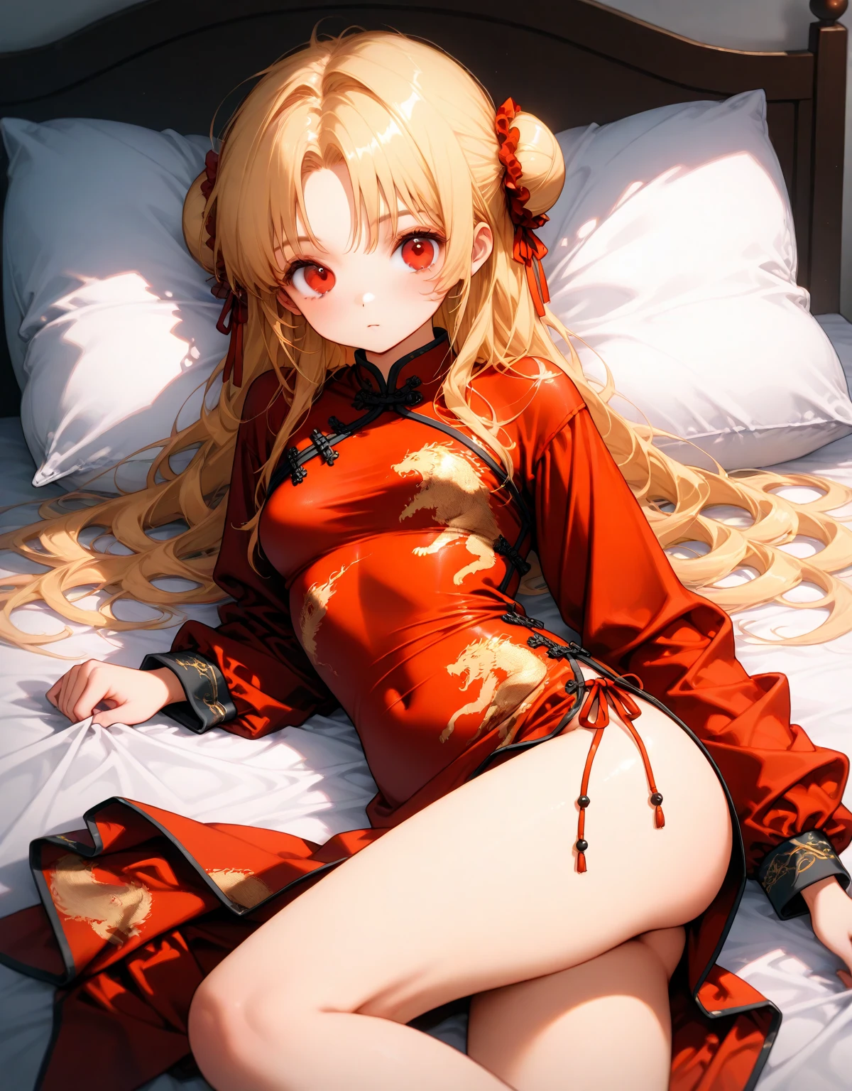 beste-Qualit、1人の女の子、a blond、Longhaire、Red Eyes、blhushed face、Opening Mouth、a small face、Put your hand to your face over your mouth、black kimono dress:1.7、floral print:1.4、tetas grandes:1.2、open chest:1.3、a short skirt、Red underwear、beauty legs、laying on back:1.5、Lying down、On the bed、View here、Angle from above、Background blur