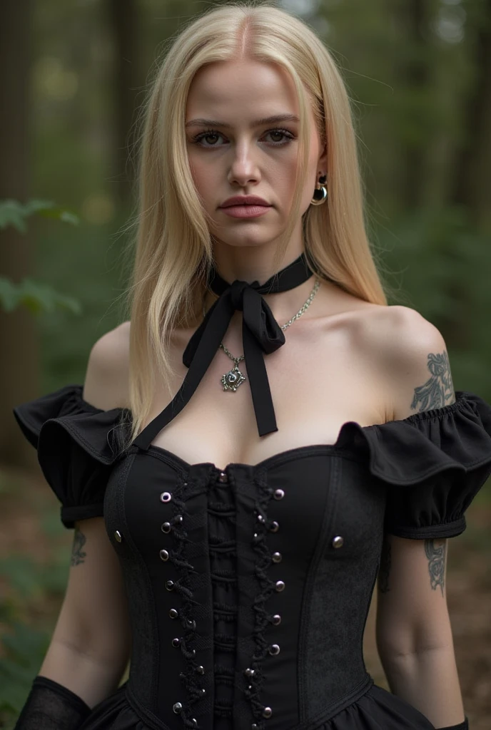 (best quality, realistic),ultra-detailed,portrait,sleeveless,(blonde hair),(((dominance,domination, mistress, goth))),merciless expression,blushed cheeks,standing posture,(upper body), (20 years old).