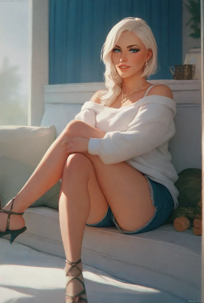 (8k), (best quality), (masterpiece:1.2), (realistic), (photorealistic:1.0), ultra-detailed, 1girls, cute, smile, beautiful detailed eyes, beautiful detailed nose, full body, wearing sweater, none bottoms, socks, socks texture must be natural, sit in a sofa, from below, realistic skin texture, attractive face, blond hair,