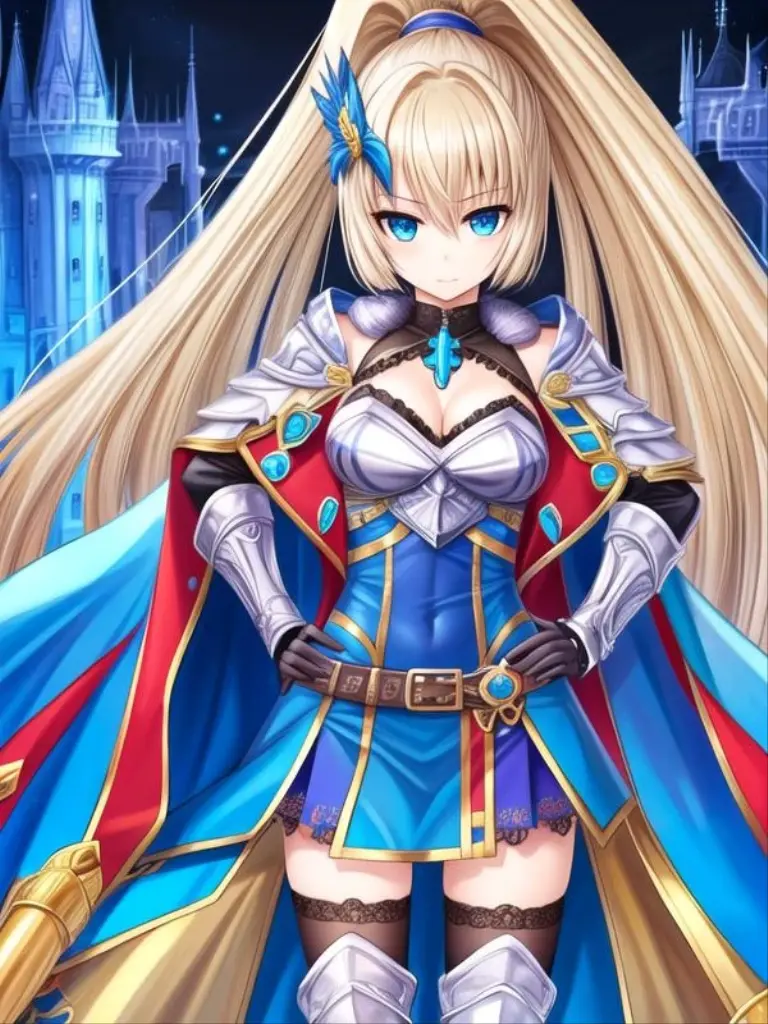 1girl, <lora:camelot_v1:0.8>camelot,blonde hair, blue eyes, high ponytail, hair ornament,armor, zettai ryouiki, high heel boots,, <lora:flatBG:-0.5> ,<lora:flat2:-0.5>,(dark light:1.2),(hyper extreme detailed),(masterpeace:0.5),(hyper extreme),(photorealistic),game cg,llustration,novel illustration,beautiful lighting,light from the front,good_hands,beautiful art ,BREAK, <lyco:GoodHands-beta2:1.2>,(good hand,nice hands, perfect hands:1.3),(five finger:1.4),, standing,hand on hip, BREAK
