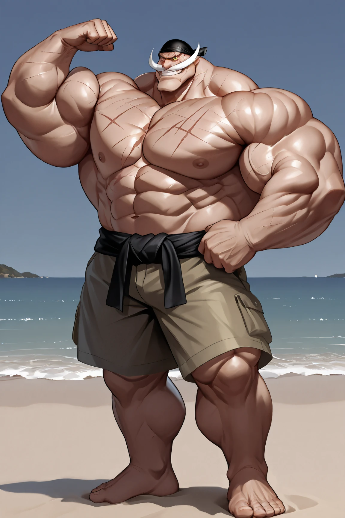 There is only one handsome Asian actor in the photo,35 years old,High target, Fitness,short hair, O-Shaped Beard,Perfect body, Dark skin color,Radiant Skin,Smooth skin,Muscle bulge, muscular, Very large pectoral muscles,Very sexy abdominal muscles,Very well-developed leg muscles,Huge concave and convex area,Brightens oily skin,Wearing a gold leather shiny thong,Handsome face, Correct and accurate male body proportions, Wear black socks,Holiday by the sea。