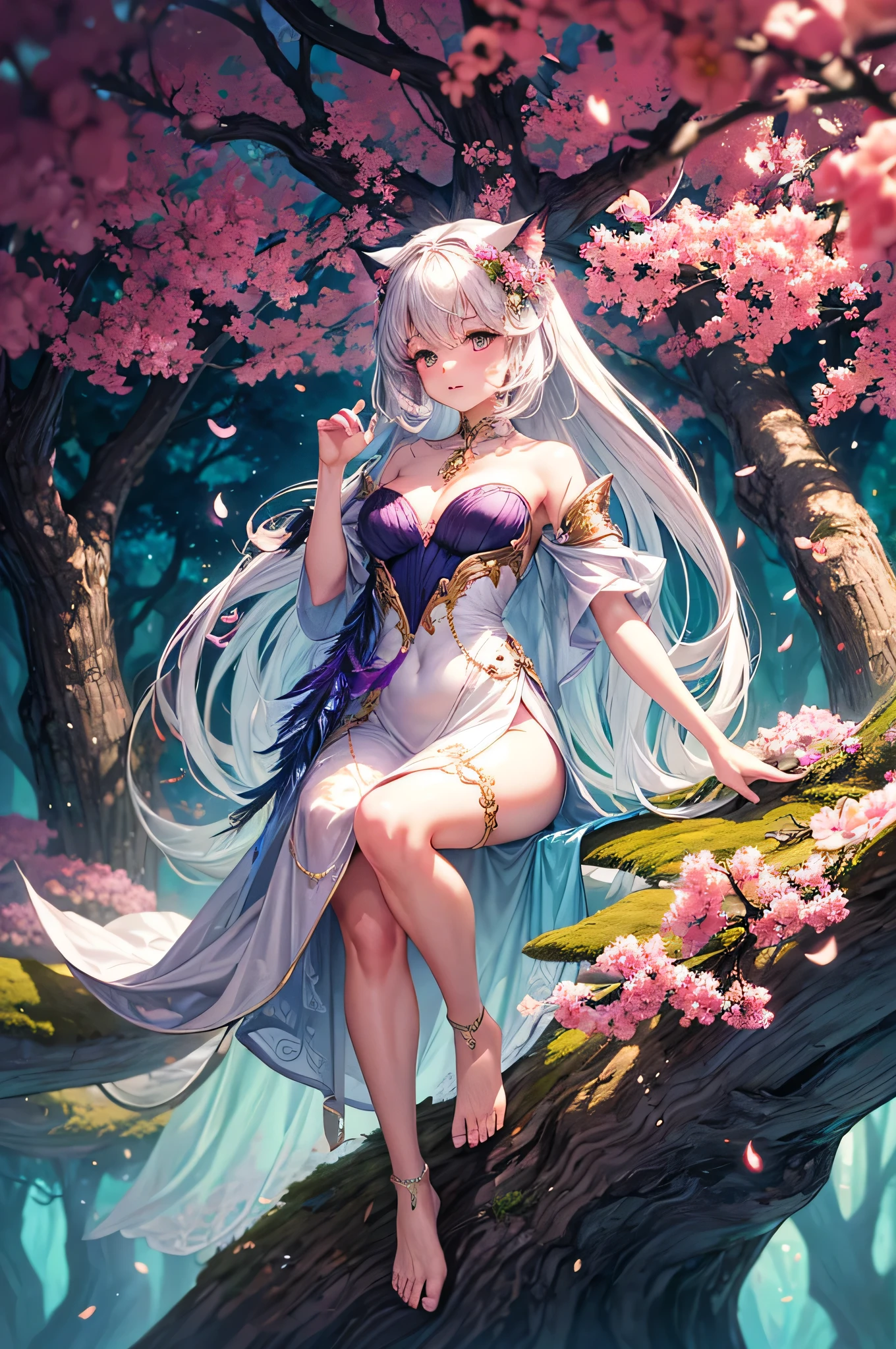 (((masutepiece))), (((Best Quality))), (((Photorealsitic))),( White-haired girl with fox ears body),(Painting of a white-haired fox sitting on a branch,Ethereal fox,Nine Tailsのキツネ,キツネNine Tailsキツネ),onmyoji detailed art,(Nine Tails),a beautiful artwork illustration,a mythical creature,Red fox,battle posture,beautiful digital works of art,Exquisite digital illustration,(Fantastic and mysterious atmosphere ), a mythical creatureワイルドネットに触発された,digital art on pixiv,strong lights,highly contrast,Horror movie themes,Dark atmosphere,(cleavage) ,Raised ,whole body Dripping wet,Pose with your hips facing yourself,(very large breast:1.75),(cleavage),(Thin fabric outfit:1.75),(See-through costumes:1.75),(Nipples are erect),(areola is visible),(Open legs:1.5),(Not wearing underwear),(Pubic hair is visible:1.5),(Detailed depiction of the pubic area),,Cherry blossom confetti,