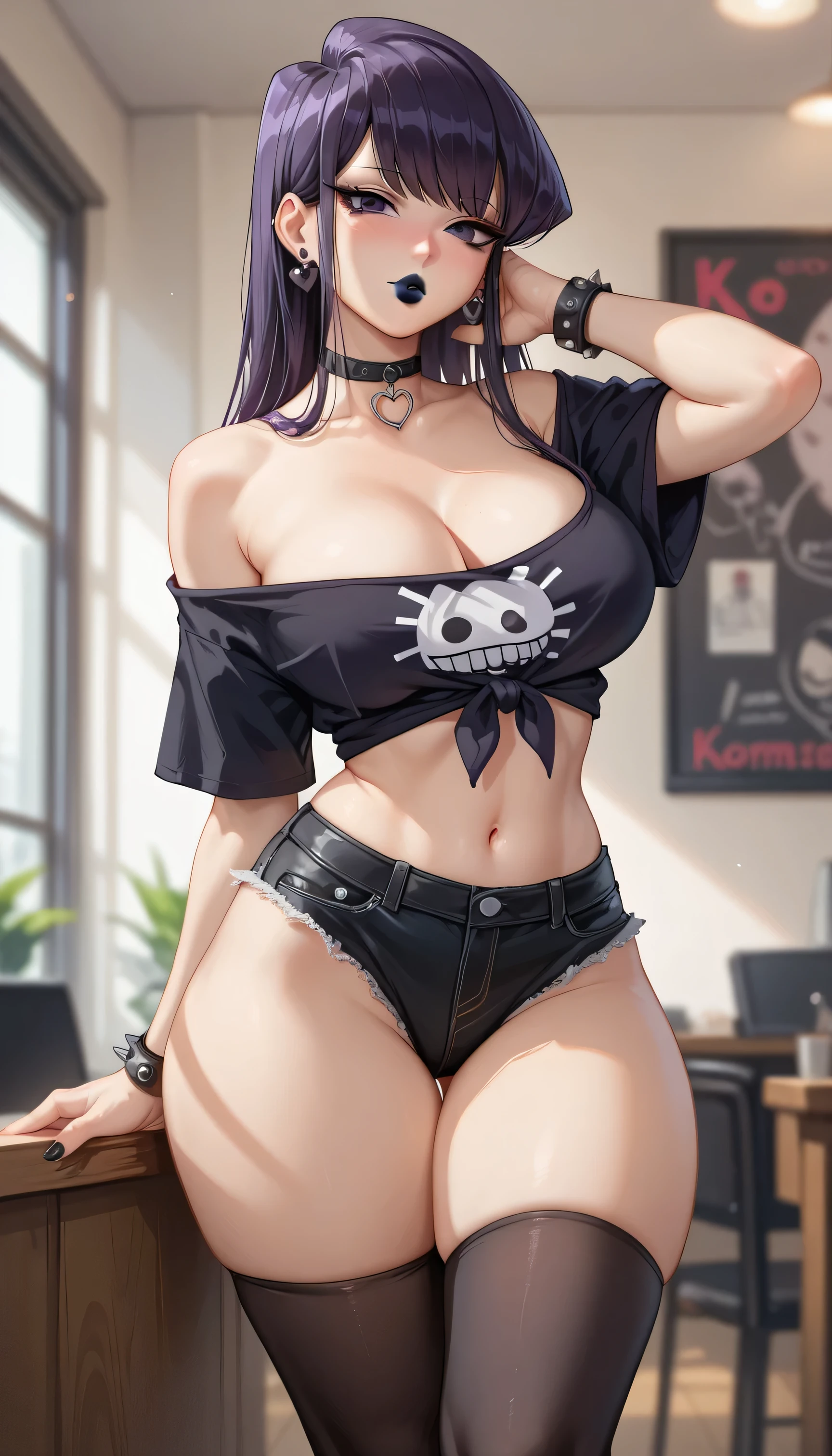 Very detailed CG Unity 8K 壁紙),(masterpiece), (Highest quality), (Very detailed), (Best illustrations),(Best Shadow)、1girl 2021 absurdres animal_ears animal_print baffu bell bikini blue_eyes blue_shorts blush breasts brown_hair chinese_zodiac cleavage closed_mouth collar cow_ears cow_girl cow_horns cow_print cowbell cutoffs denim denim_shorts ear_tag fake_horns hair_ornament hairband hairclip highres hitoyo_(baffu) horns large_breasts midriff navel neck_bell open_clothes open_fly open_shorts original print_bikini print_thighhighs short_hair short_hair_with_long_locks short_shorts shorts skindentation solo standing swimsuit thighhighs unzipped year_of_the_ox