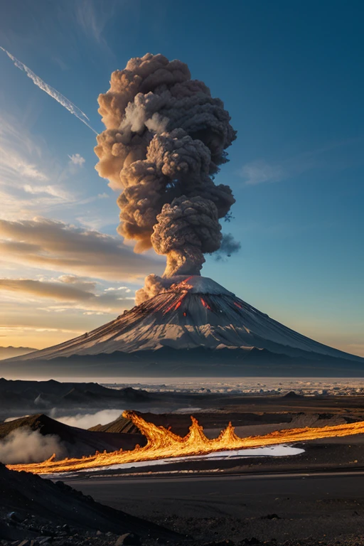 ((realistic, masterpiece, high detail, hyper detailed, high resolution)), real grey stoned ground, white clouds, vibrant sky, dull sun, bursting volcano, flaming magma, red fire, tall grass, burned flowers