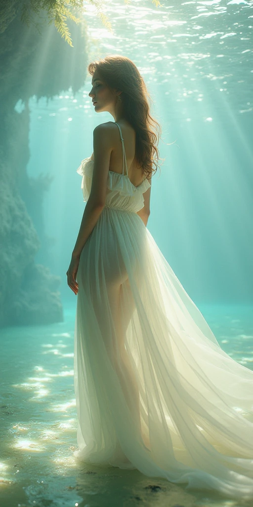 (masterpiece:1.2), best quality,(HDR:1.4),High detail RAW color photo professional, highly detail face: 1.4, a detailed portrait of a woman floating underwater wearing long flowing dress, nymph style, amazing underwater, detailed skin, wet clothes, wet hair, see-through clothes, lens flare, shade, tindal effect, lens flare, backlighting, bokeh