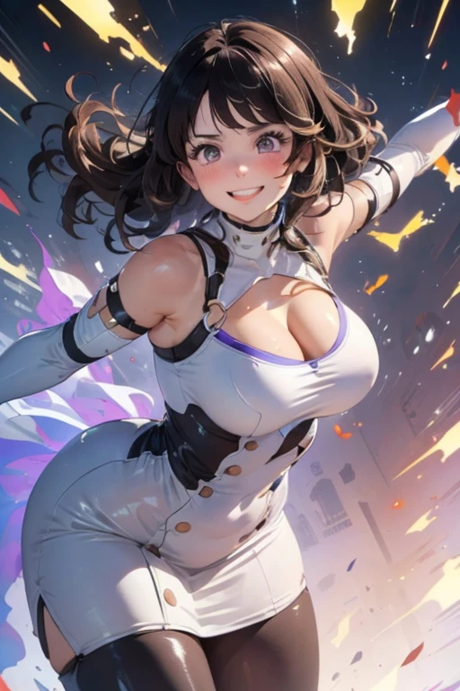 (a closeup、16 K、top-quality、high detailing、rich skin detail、nffsw)、Watch everywhere、obedience、a matural female、very Bigger breasts、Parted bangs、white leotard、A MILF、brown haired、short-hair、Forehead、blushed、big butts、Raising arms、spreading legs、Armpit、Breasts out,Mouth open、 Aside、Put out the、Large Thigh、highleg leotard、knee sox、