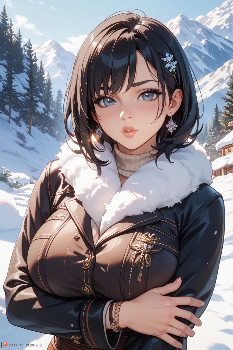 (photo of the most beautiful artwork of a medieval castle), snow falling, nostalgia, grass hills, winter, masterpiece, beautiful, detailed background, <lora:SamanthaSamsung_3D_v1:0.9>, (good eyes), (blue eyes), naked, breasts, fur coat, smiling, standing, full body, standing, soft lighting,