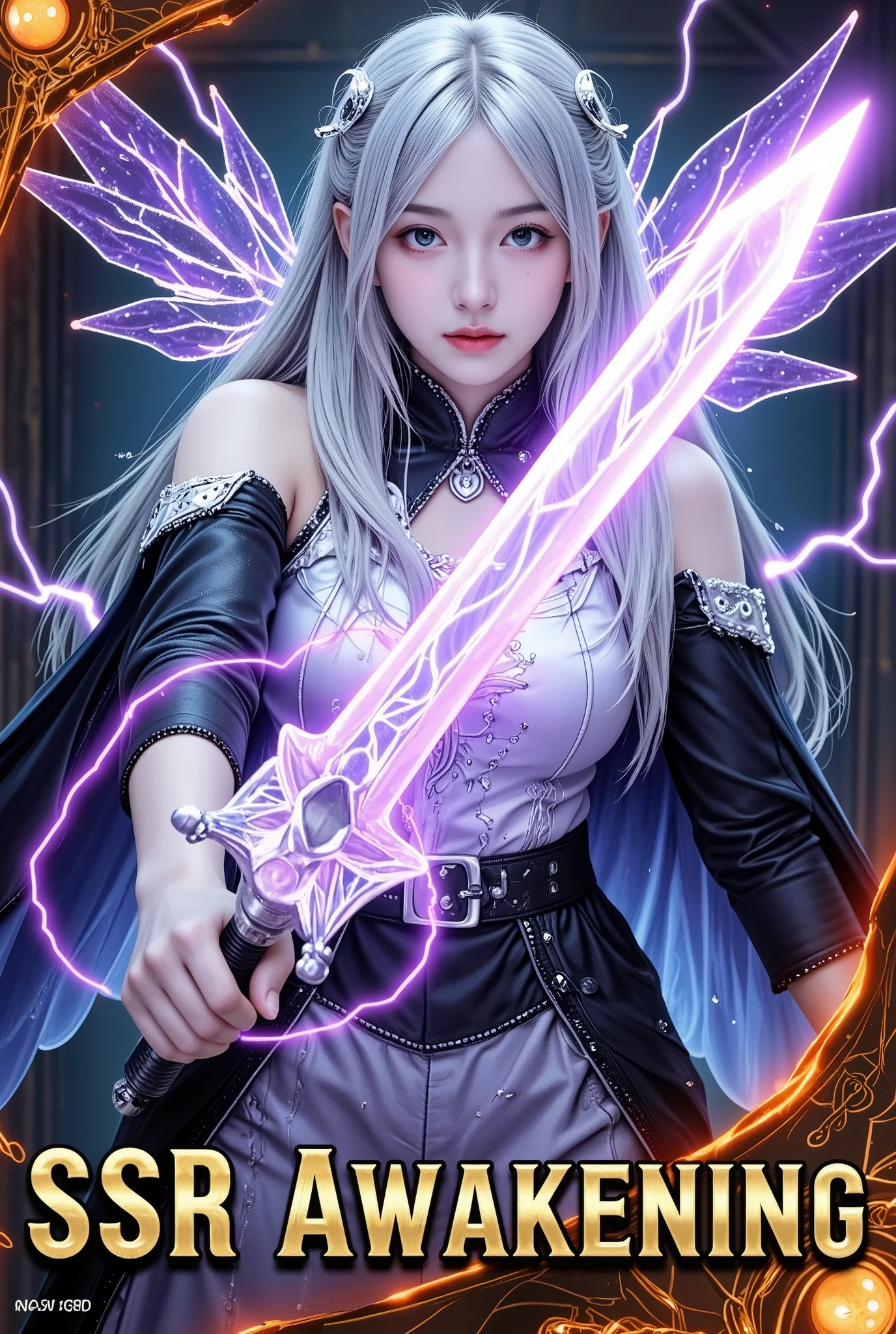 ultra detailed 3D rendered shiny game card, golden gear special effects inlaid on the edges, silver-haired warrior in a translucent holographic image, mechanical wings spread behind, purple electric arcs bursting from the energy sword in hand, flame particle effects burning at the four corners of the card, "SSR Awakening" in gold lettering at the bottom right corner, high contrast, cinematic lighting, sharp focus, octane render, 8K resolution