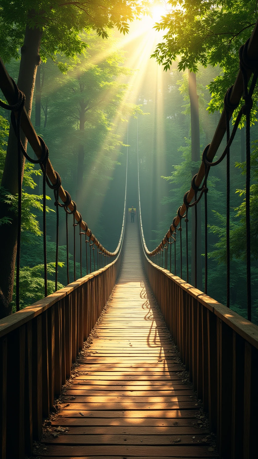high-resolution photograph of a suspension bridge stretching into a dense forest, captured from a low central perspective at the base of the entrance, bridge constructed from wooden planks and supported by thick ropes and sturdy vertical pillars, surrounding forest lush and vibrant with dense green foliage on both sides, leaves forming a natural canopy overhead, sunlight filters through branches creating radiant beams and lens flare, particularly visible in the top right corner where the sun peeks through, perspective lines of the bridge draw the viewer’s eye toward the vanishing point at the forest’s heart, atmosphere tranquil and immersive, inviting exploration or introspection, bridge surface shows subtle textures of wood grain, shadows from railings and foliage dapple the path. Composition emphasizes symmetry and depth, using converging lines to create visual harmony, lighting natural and balanced, highlights the contrast between light and shadow, no people or artificial elements visible beyond the bridge structure, reinforcing purity of scene, ideal for adventure, travel, or mindfulness-themed visuals, rich greens dominate the palette, complemented by warm browns and golden light accents, photographic style replicates DSLR clarity with wide dynamic range and shallow depth of field beyond the bridge. Forest appears untouched, enhancing the sense of isolation and serenity, slight moss and leaf debris visible on wood surface add realism, edges of image naturally vignetted by trees, directing focus inward, shot designed for immersive storytelling or conceptual journey motifs, suitable for meditation guides, digital wallpapers, or cinematic backdrops.