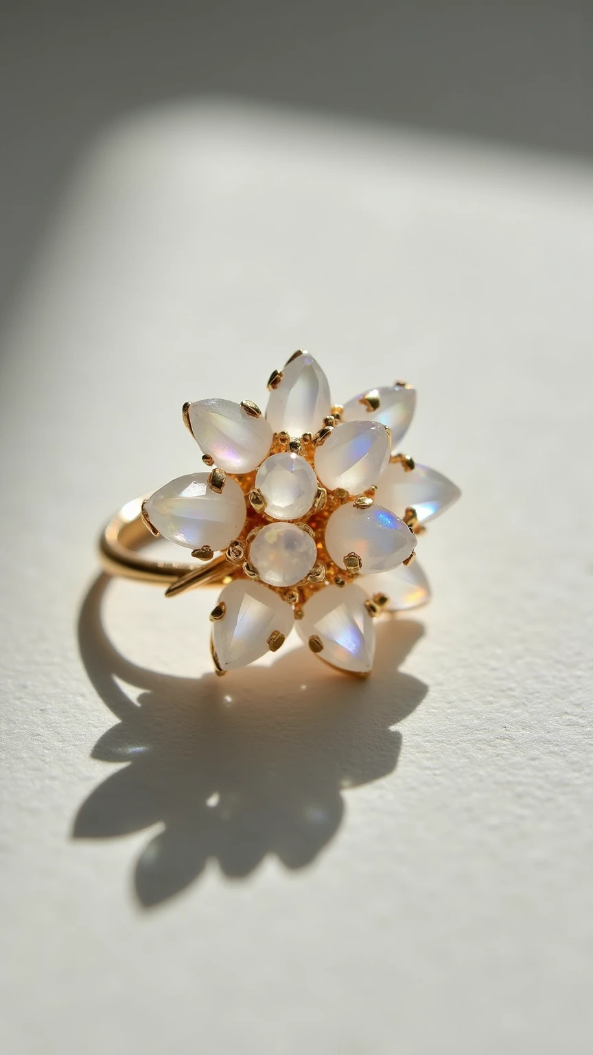 high-resolution product photograph of an ornate gold ring adorned with a clustered arrangement of translucent gemstone beads, ring positioned on neutral matte surface, photographed from slight overhead angle with soft natural lighting, gemstones appear to be clear quartz or moonstone, teardrop-shaped and faceted, catching light with subtle iridescent reflections, metal band is thin, polished gold with warm tone, acting as minimalist frame for the intricate gemstone bouquet, composition centered with shallow depth of field, background softly blurred to emphasize texture and sparkle of stones, overall aesthetic elegant, delicate, and refined, suitable for luxury catalog, artisan jewelry branding, or bridal editorial themes. Lighting enhances dimensionality of the gems without harsh glare, creating soft specular highlights across each facet, shadows gentle and diffuse, reinforcing naturalistic setting, color palette clean and subdued, allowing clarity and shimmer of the stones to stand out, photographic style simulates macro lens with wide aperture, ideal for close-up jewelry presentation, no additional props or distractions in frame, image emphasizes craftsmanship and material quality, reflections within stones include hints of blue and violet, adding ethereal undertone. Arrangement of stones forms organic yet intentional cluster, suggesting floral or dew-like inspiration, ring casts slight oval shadow beneath, anchoring it in space, focus sharp on foreground beads, with soft falloff toward rear of cluster and band, ideal for use in fine jewelry campaigns, handcrafted accessory spotlights, or artisan e-commerce displays, entire composition designed to evoke sophistication, lightness, and artisanal luxury.