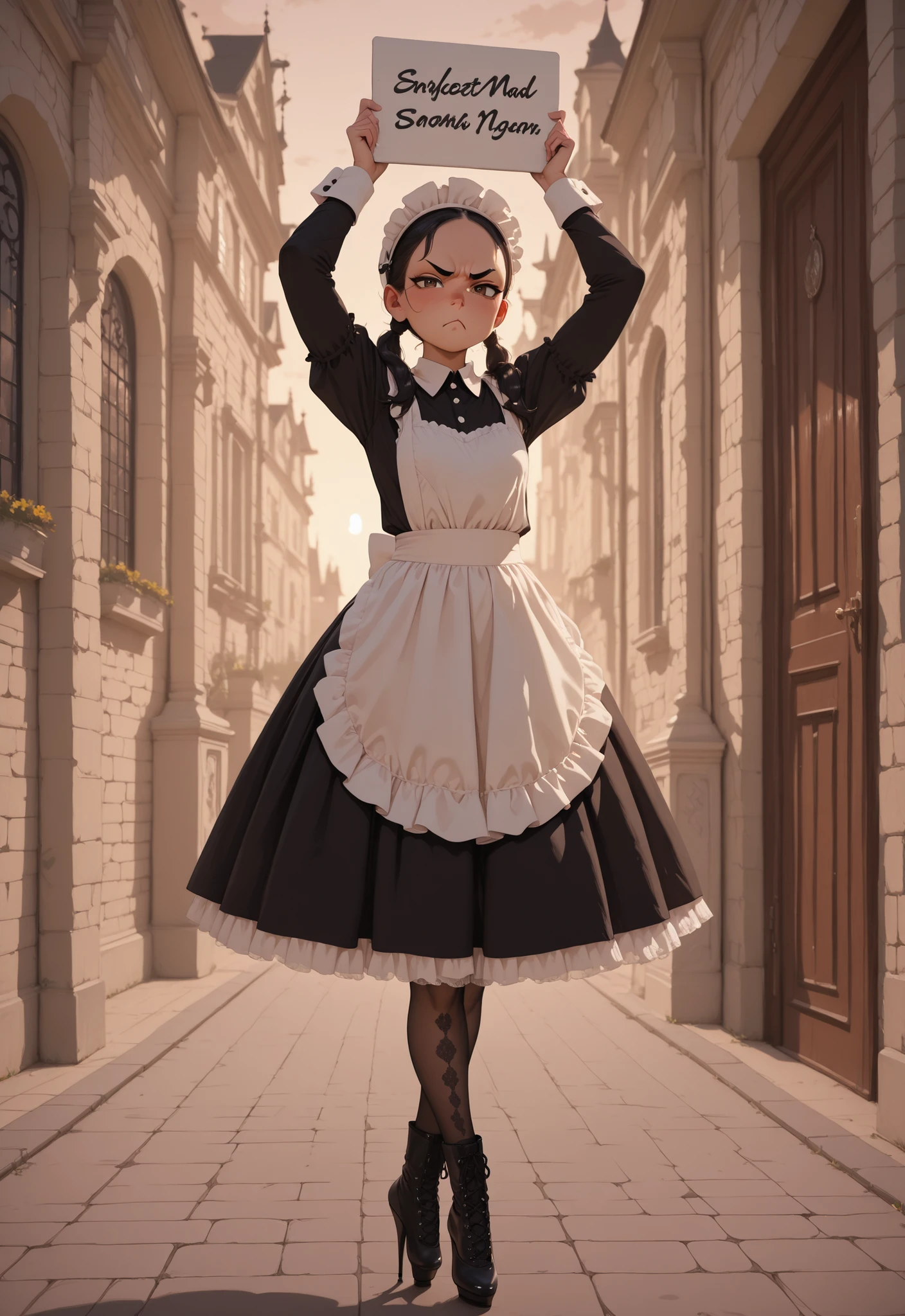 (masterpiece), best quality, amazing quality, very aesthetic, absurdres, outdoors, evening, gothic mansion, door, grumpy maid, ballet-boots, black hair, pigtails, perfect face, forehead, small eyebrows, brown eyes, small nose, looking at viewer, glare, scowl, petite, slightly plump, wearing traditional maid uniform, headdress, apron, long skirt, petticoat, black lace stockings, black boots, ballet heels, ankle boots, standing, holding object, large folding sign, arms above head, crossed legs, handfixer