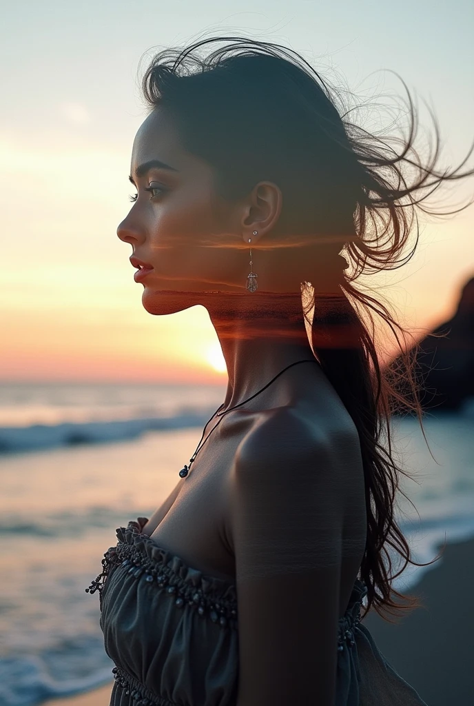 Create a stunning double exposure masterpiece in high quality, 8K Ultra HD resolution. Envision a captivating scene where the silhouette of a goddess intertwines seamlessly with the breathtaking backdrop of a sunset coast. The sunset coast should serve as the underlying backdrop, with its intricate details gracefully incorporated into the form of the goddess.Ensure crisp lines and sharp focus to accentuate the beauty of the double exposure technique. The background should be rendered in monochrome, allowing the goddess silhouette to stand out vividly against it. Harness the power of double exposure to merge the ethereal qualities of the goddess with the awe-inspiring allure of the sunset coast.This artwork, by yukisakura, will be a testament to the artist's skill and creativity, showcasing an awesome full-color spectrum that captures the essence of both elements. Let every pixel exude beauty and sophistication, inviting viewers to immerse themselves in the enchanting fusion of nature 
