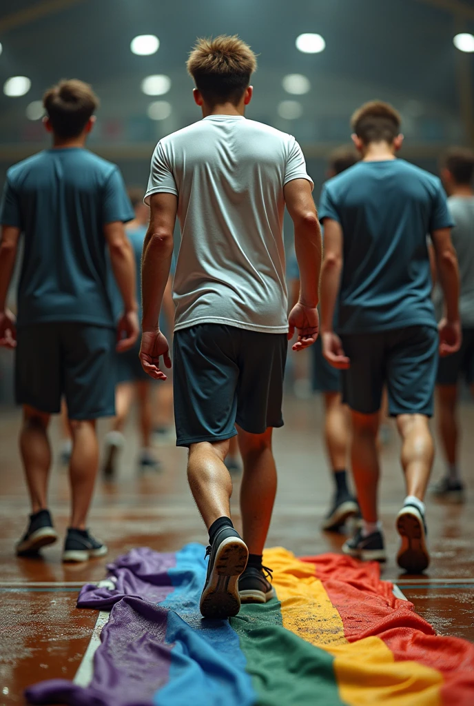 4 men chained at the waist running, men behind with gray clothes, 1 man in front highlighted in opaque orange clothing, detailded, simple torn clothes and bare feet