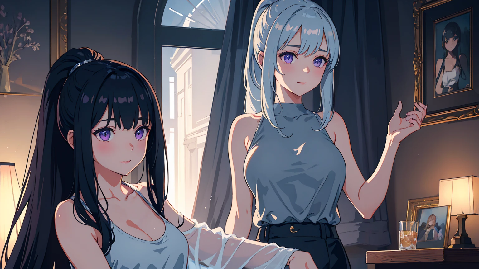 nafw,(2 girls:1.3),(duo),breast,absurdres,best quality,very aesthetic,absurdres,bra,(light silver White hair),太もも,(purple bra),(straight-on),legs,(officeready:1),(tan),(topless),(Attractive face:1.3),masterpiece,best quality,very aesthetic,absurdres,nsfw,(1 cute girl),black hair,pov face,two side up,face focus,tongue out,cumdrop,masterpiece, best quality, very aesthetic, absurdres,cum,half open mouth,cum,