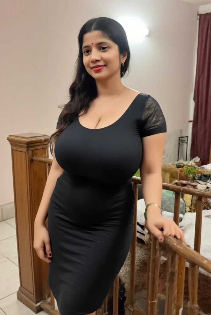 tall hot slim thick healthy south indian white skin slim thick curvy girl with long down tied hair, big breast, big hip, big ass, thick thighs, woman wearing long dark color silky sleepover nightie dress, in indian middle class house, ultra hd photo, 4k picture, looking at camera,