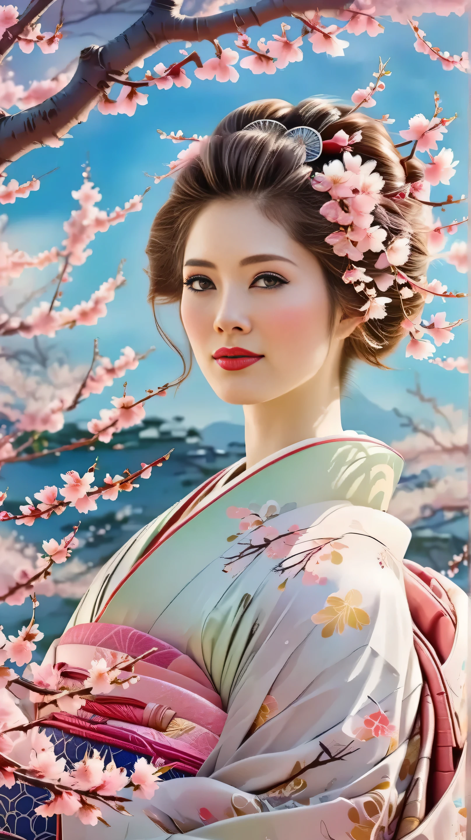 Hand drawn Japanese fantasy world、 watercolor smudge 、picture book page 1、hand drawn, watercolor smudge s, Thick outline, every day, fantasy scene, ultra detail, complicated, bright colors, Fantastic, storybook, dreamlike, Mysterious, Cinematic lighting, Soft Focus, masterpiece, 8k, high resolution, bright colors, photorealistic、Goddess of Cherry Blossoms ,from above, 自然光にWrapped女性の精緻な肖像画,exquisite portrait of a woman surrounded by cherry blossom branches,Wrapped Pink Petals,Classy Hairstyle,delicate expression,Wrapped,Surrounded by natural light , beautiful landscape painting ,best quality,realistic,16K RENDERING,high resolution,Bokeh,fine details,bright color
