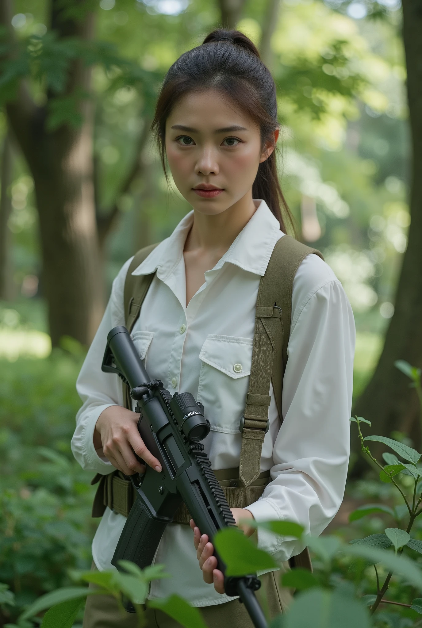 picture from hollywood movie, action image, beautiful asian actress, white and luminous skin, slender figure, sharpen eyes, wearing hiking outfit with white shirt, holding riffle gun, standing inside primeval forest, photorealism