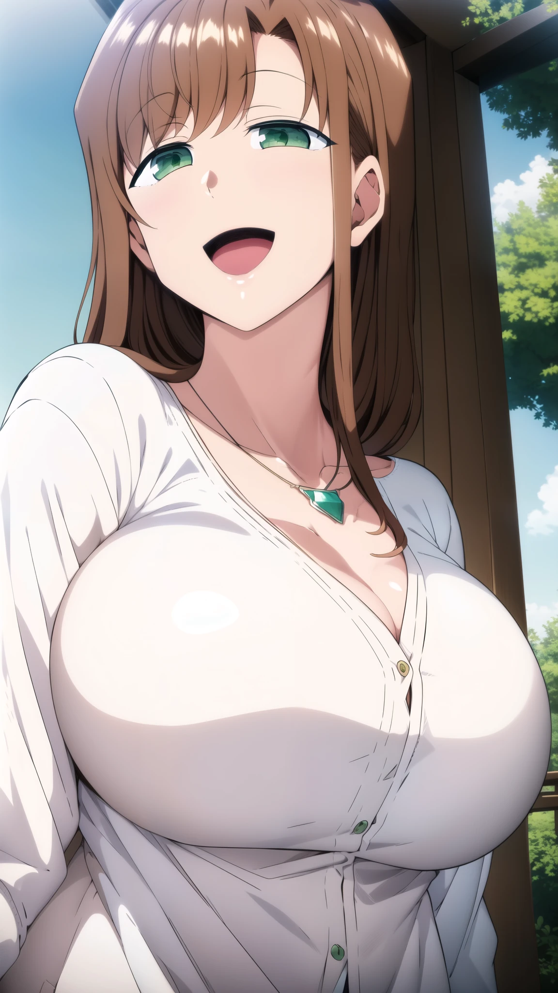 masterpiece, 1 Girl, breast, ((Cleavage))Solitary, Brown hair, Green Eyes, , large breast, Looking at the audience, Smile, open mouth, Long hair, clavicle, Upper Body, necklace, White Dress, Cardigan, Brown jacket, , (((White shirt))), external, garden