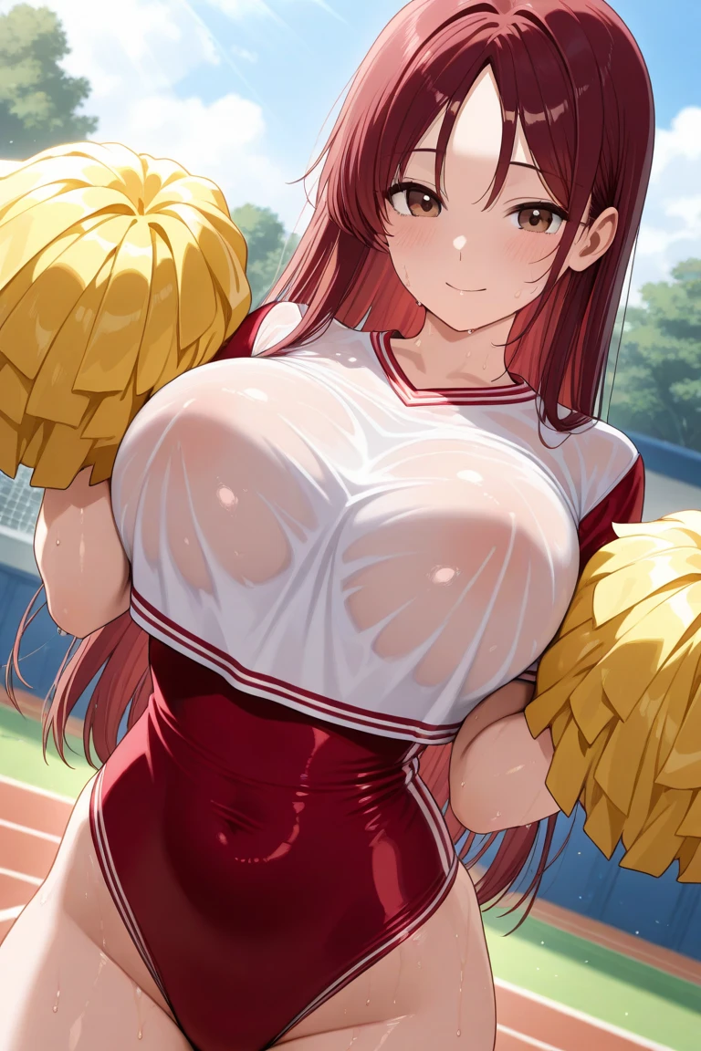 (((masterpiece))), ((highest quality)), (Very detailed), ((High resolution)), ((8k)), ((Anatomically correct)), One Girl, Baby Face, (Big Breasts), Beautiful nipples, Brunette color hair, Double up braid, Long Hair, Long-haired and short-haired, Letting down your bangs, Very cute woman, delicate, Charming smile, Emerald Eyes, Best moment, Beautiful Skin, delicateな腕, Detailed skin texture, Intricate details, Very detailedな顔, Beautiful curves, Beautiful thighs, Sweating, View your viewers, A big smile, ((Cheerleader Outfits)), ((Have a cheerleader pom-pom)), (red shirt and white miniskirt), ((My chest is shaking violently)), School classroom, ((Having sex with another person)), ((Love juice)), ((Fucked hard in cowgirl position)), heart, I'm drooling from my mouth, Open your mouth, Raise your arms, Looking up, I'm rooting for you,